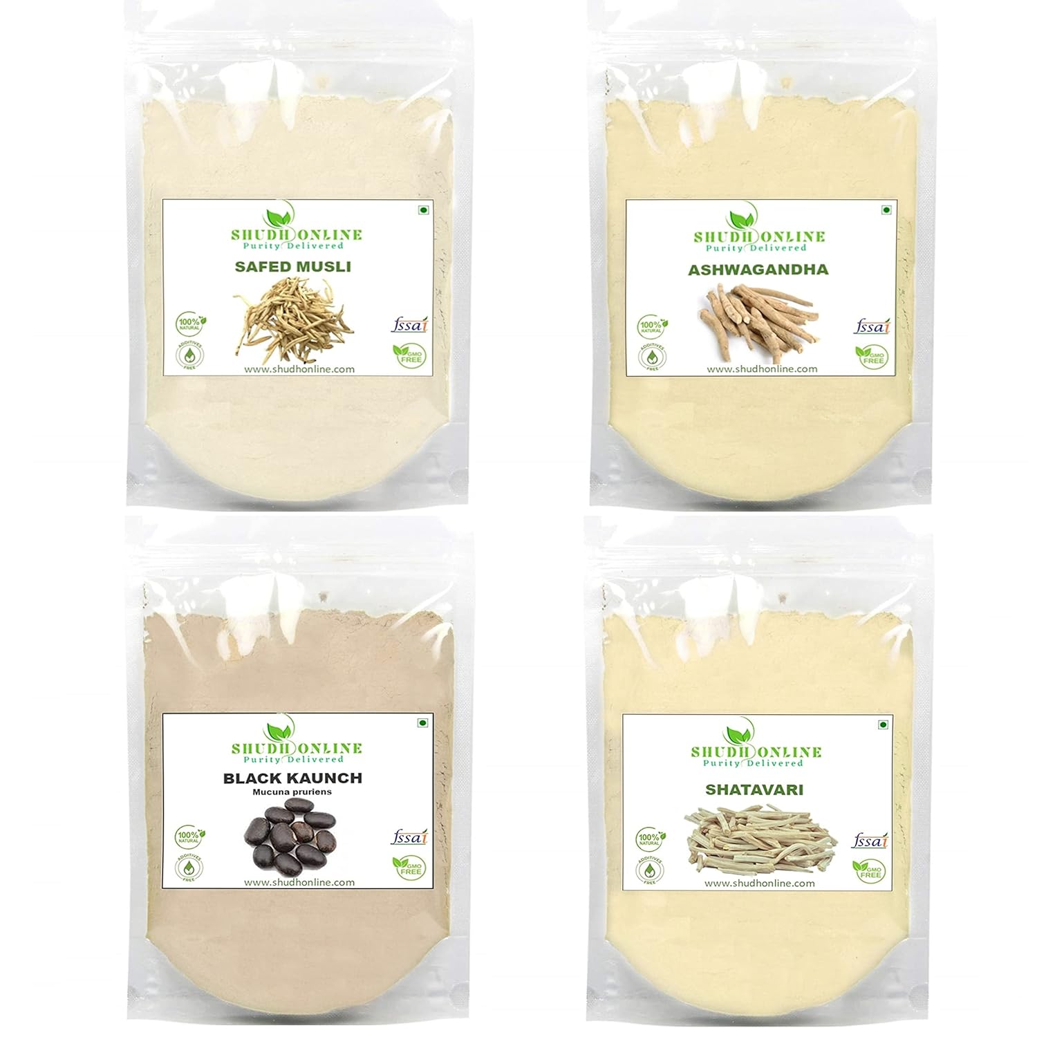 Shudh Online Safed Musli, Ashwagandha, Kaunch, Shatavari Powder Combo (Pack of 50 grams x 4 combo)