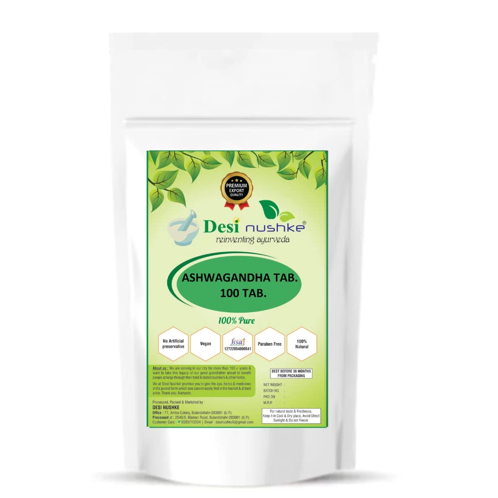 Desi Nushke 100% Pure & Organic Ashwagandha Tablet | Anxiety & Stress Relief | Energy & Endurance | Immunity Booster |Clinically Researched Ingredients | 100 Tablets (Pack of 1)