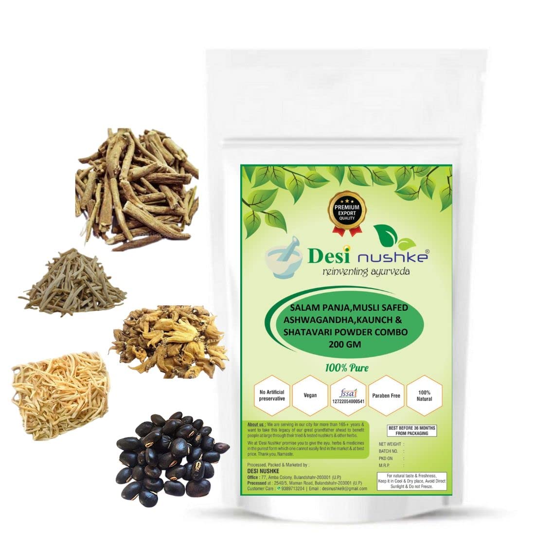Desi Nushke Salam Panja, Musli Safed, Ashwagandha,Kaunch and Shatavari powder | 200 GM | Energy, Immunity, Performance & Power Booster for Men Pack of 1 Month