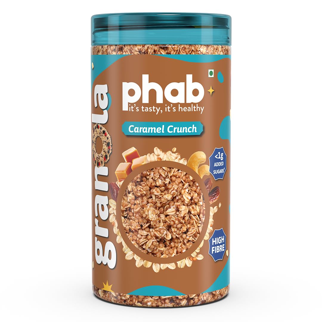 Phab Caramel Crunch Granola Cereals, Source of High Fiber & Gut-Friendly | 41% Oats | Goodness of Baked Rolled Oats, Dates, Pre-Biotics | No Preservative, No Trans fat | 245 gm