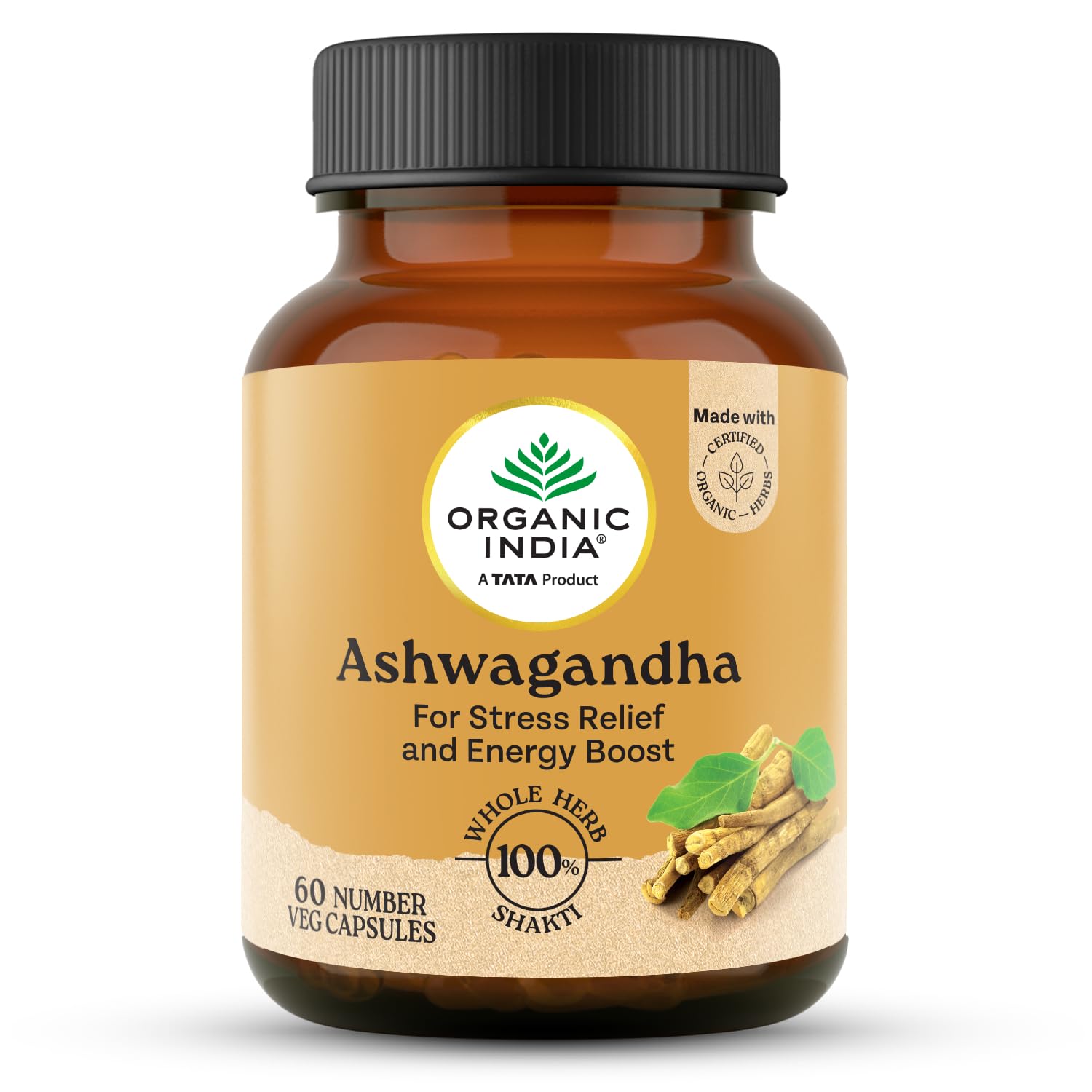A TATA Product – Organic India Pure Ashwagandha Root Capsules – 60 Veg Caps (400mg), For Vitality & Relieves Stress, Naturally Boosts Energy & Stamina, Improves Immune System, GMP & NPOP Certified