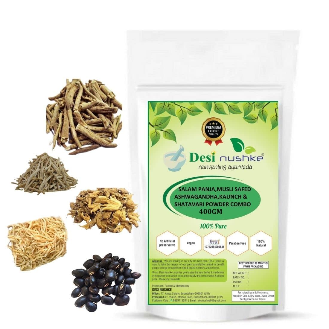 Desi Nushke Salam Panja, Musli Safed, Shatavari, Ashwagandha & Kaunch beej Powder Combo – 400gm | For Men 100% Natural & Herbal | 2 Months Pack
