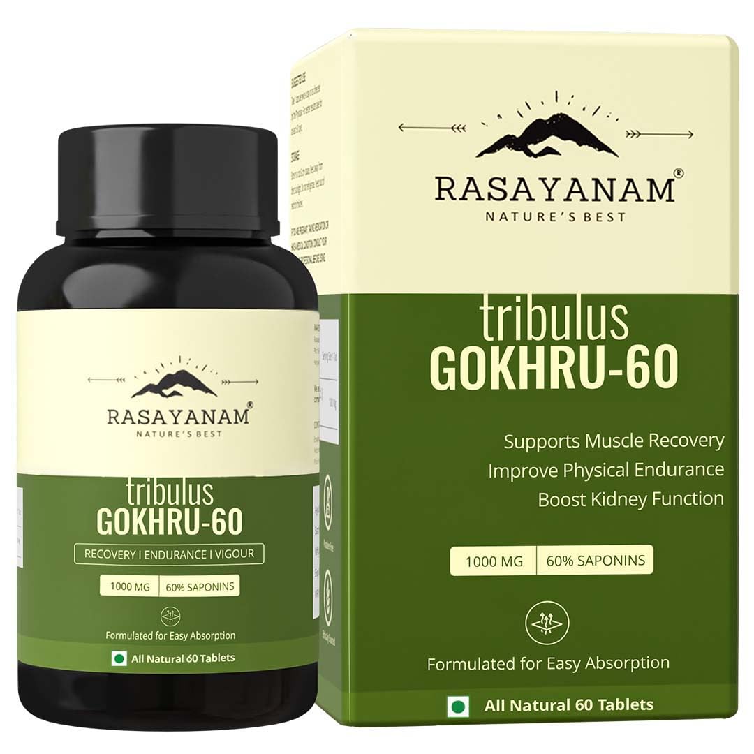 Rasayanam Gokshura Tablets 1000mg Gokhru per Serving, Highest Saponins 60%, Tribulus Terrestris for Men & Women | Improves Energy, Muscle Strength, Stamina & Supports Recovery – 60 Tablets