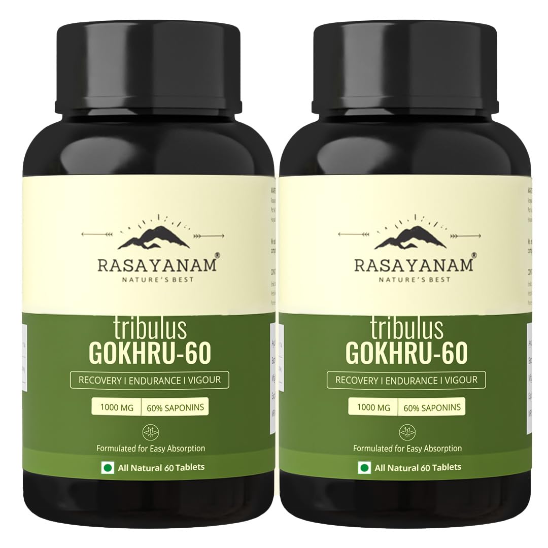 Rasayanam Gokshura Tablets 1000mg Gokhru per Serving, Highest Saponins 60%, Tribulus Terrestris for Men & Women | Improves Energy, Muscle Strength, Stamina & Supports Recovery – Pack of 2