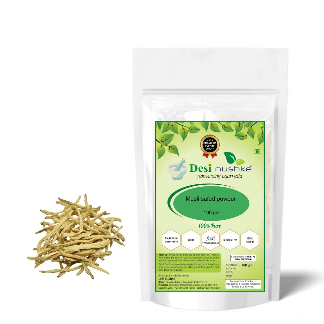 Desi Nushke 100% Natural Safed Musli Powder (100 grams) for Stamina and Energy | 100% Pure, Preservative free | No Artificial Flavour or No Color Added