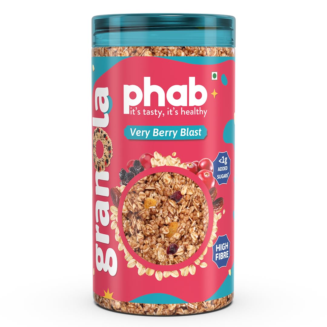 Phab Verry Berry Blast Crunchy Granola Cereals, Source of High Fiber & Gut-Friendly | 37% Oats | Goodness of Baked Rolled Oats, Dates, Pre-Biotics | No Preservative, No Trans fat | 245 gm