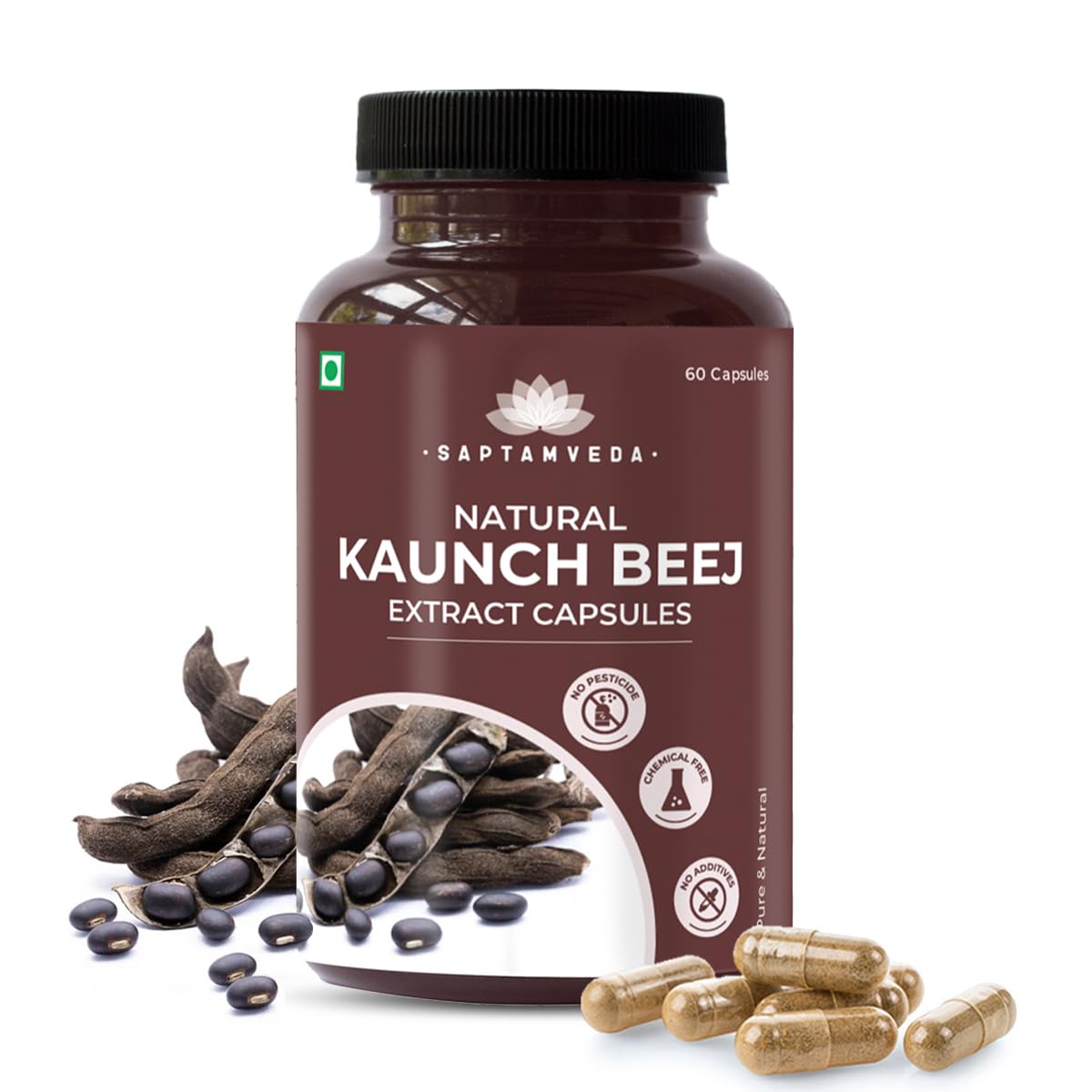 Saptamveda Natural Kaunch Beej Extract – 500mg 60 Veg Capsules (Pack of 1) | Kapikachhu Mucuna Pruriens Dietary Supplement for Men & Women