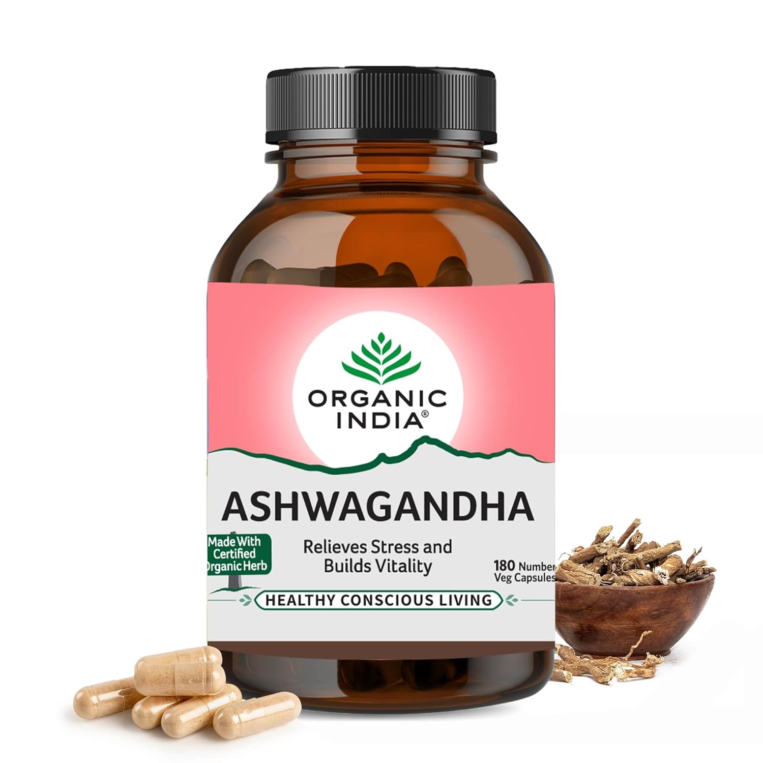 A TATA Product – Organic India Ashwagandha Capsules – 180 Veg Caps, Vitality & Relieves Stress, Naturally Boosts Energy & Stamina, Improves Immune System, GMP & NPOP Certified Organic