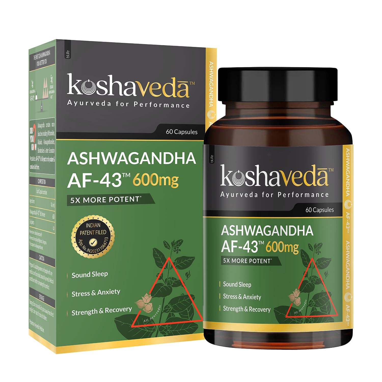 Koshaveda Ashwagandha AF-43 | 600mg – 60 Capsules | For Sound Sleep, Managing Daily Stress, Strength & Recovery | For Both Men & Women