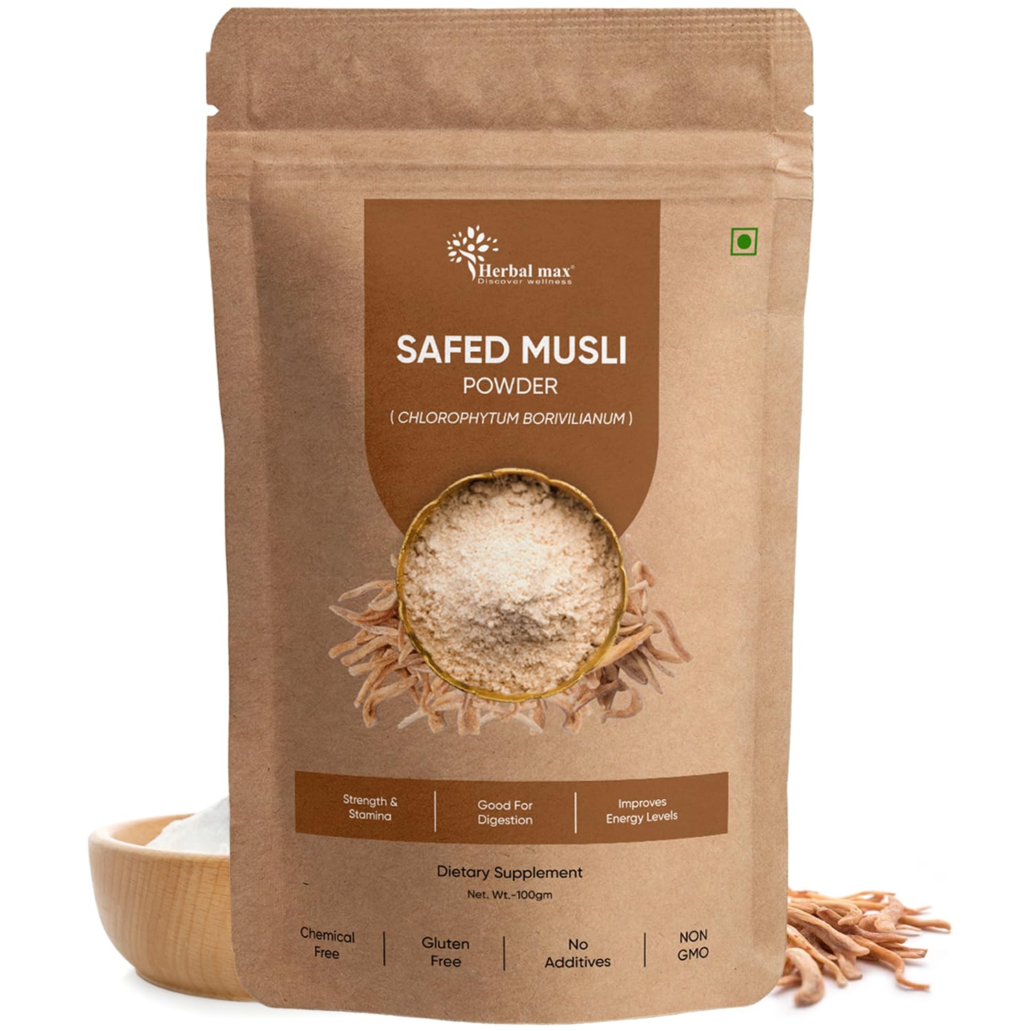 Herbal max Organic Safed Musli Root Powder – 100 gm | Ayurvedic Support for Vitality & Performance | Herbal Supplement | Strength & Stamina