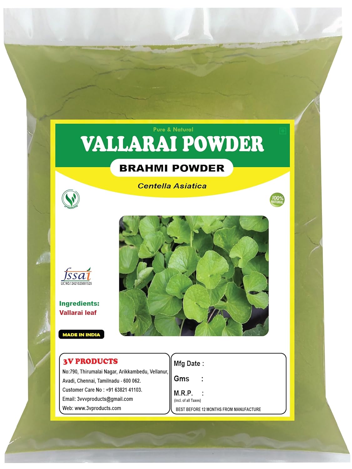 3V PRODUCTS Vallarai Powder – Pack of 2x50g – Brahmi | Centella Asiatica | Gotu Kola for Memory Power & Brain Health | Health Benefits