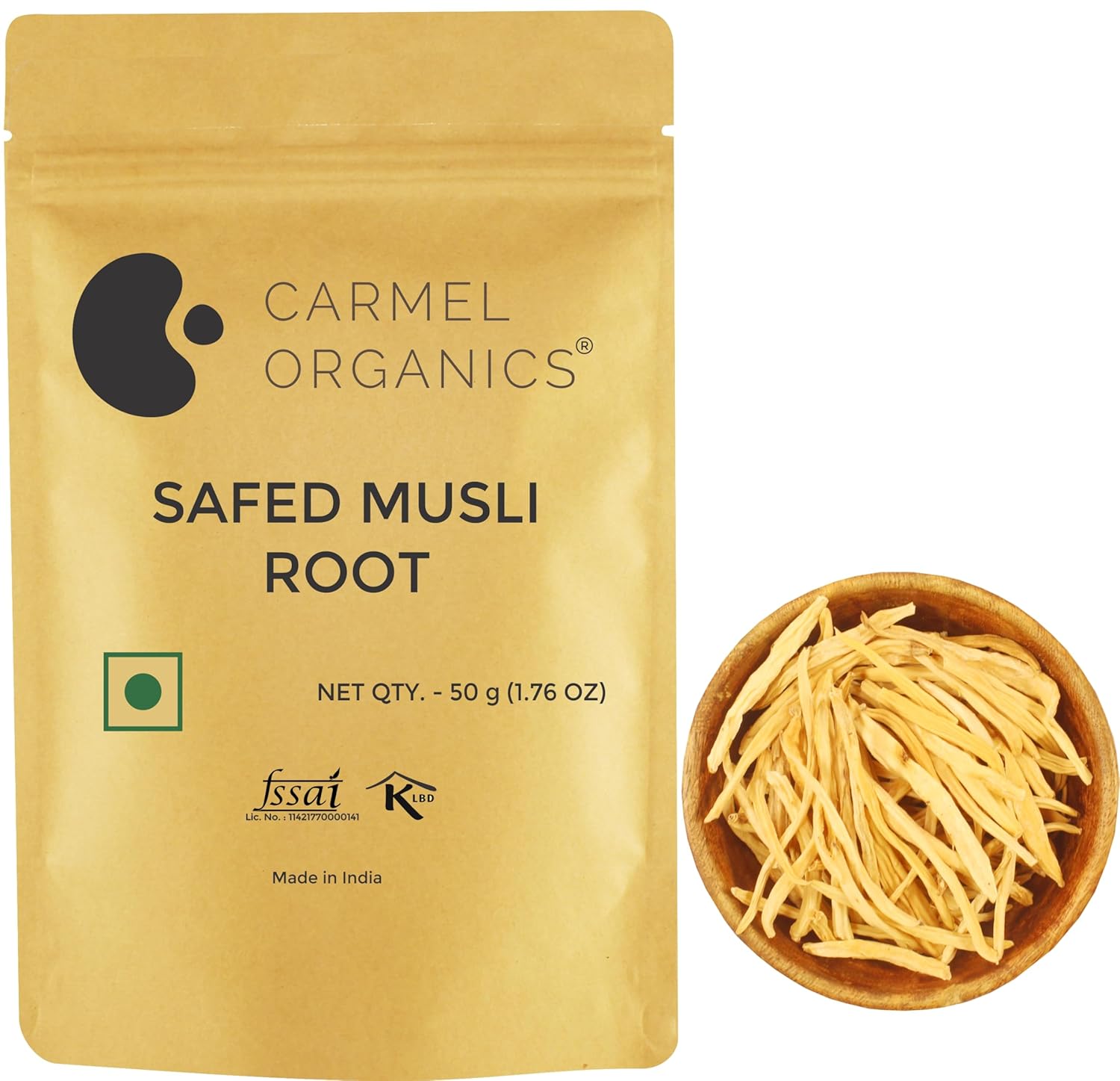 CARMEL ORGANICS Safed Musli Root 50 Grams | Natural | Non-GMO | Siva Musli Podi/Shweta Musli | Chlorophytum Borivilianum | No Added Preservatives