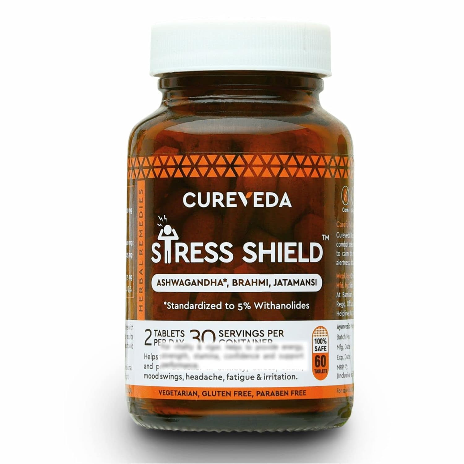 Cureveda Herbal Stress Shield Tablets- Support for Stress, Fatigue and Tension (Gold standard Ashwagandha, Brahmi, Jatamansi- General Wellness- 60 Tablets
