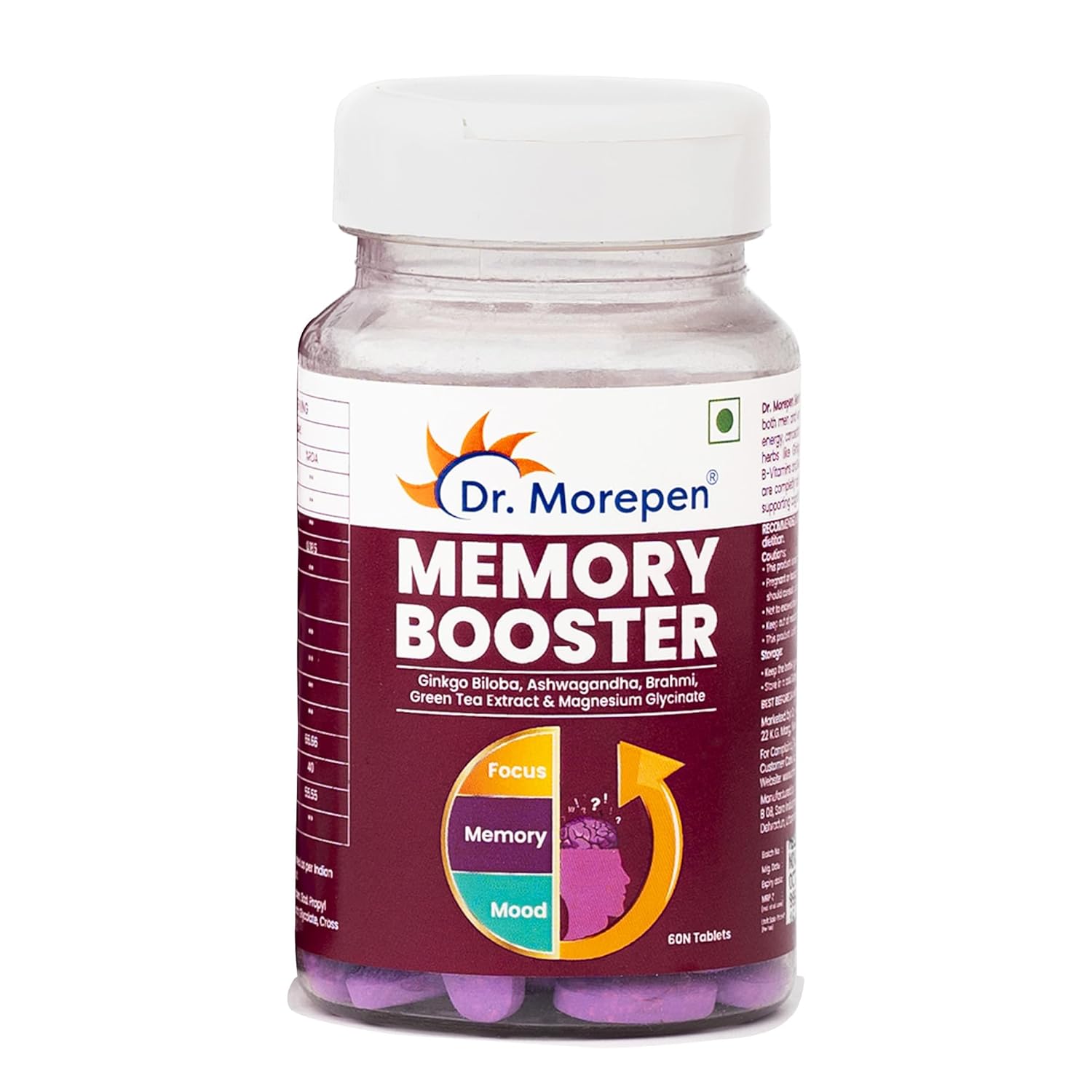 DR. MOREPEN Memory, Focus & Mood Tablets Enriched With GABA, Ashwagandha, Chamomile & Brahmi-Vitamins B1, B2, B3, Magnesium | Safe For Brain Health, Non-GMO & Preservatives Free-60 Tablets