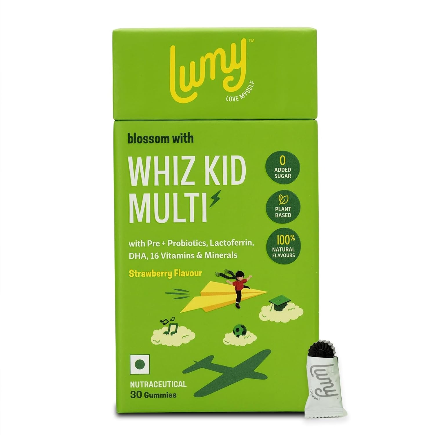 LUMY MultiVitamin Gummies For Kids: Pre+Probiotic, DHA For Happy Gut, Bright Brains|30 Gummies|Plant Vit D3 & Lactoferrin|Vit A,B,C, Zinc For Immunity, Vision & Bone Health|Veg|Age 7-15