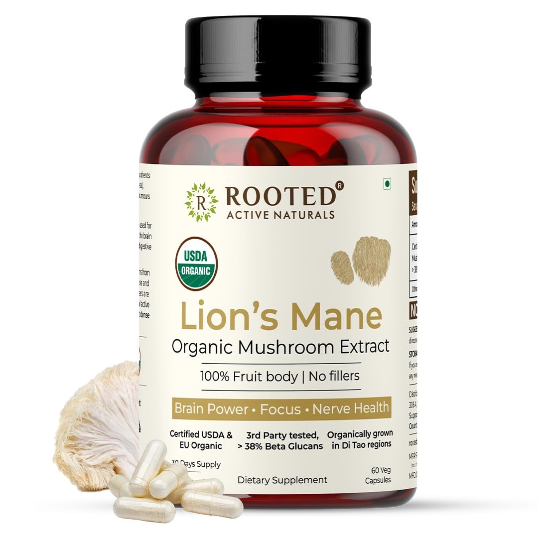 Rooted Active’s Lion’s Mane Mushroom for Brain Health Support – Mushroom Support for Focus & Memory Function – Immune & Nervous System Supplement | USDA Organic | 60 Caps