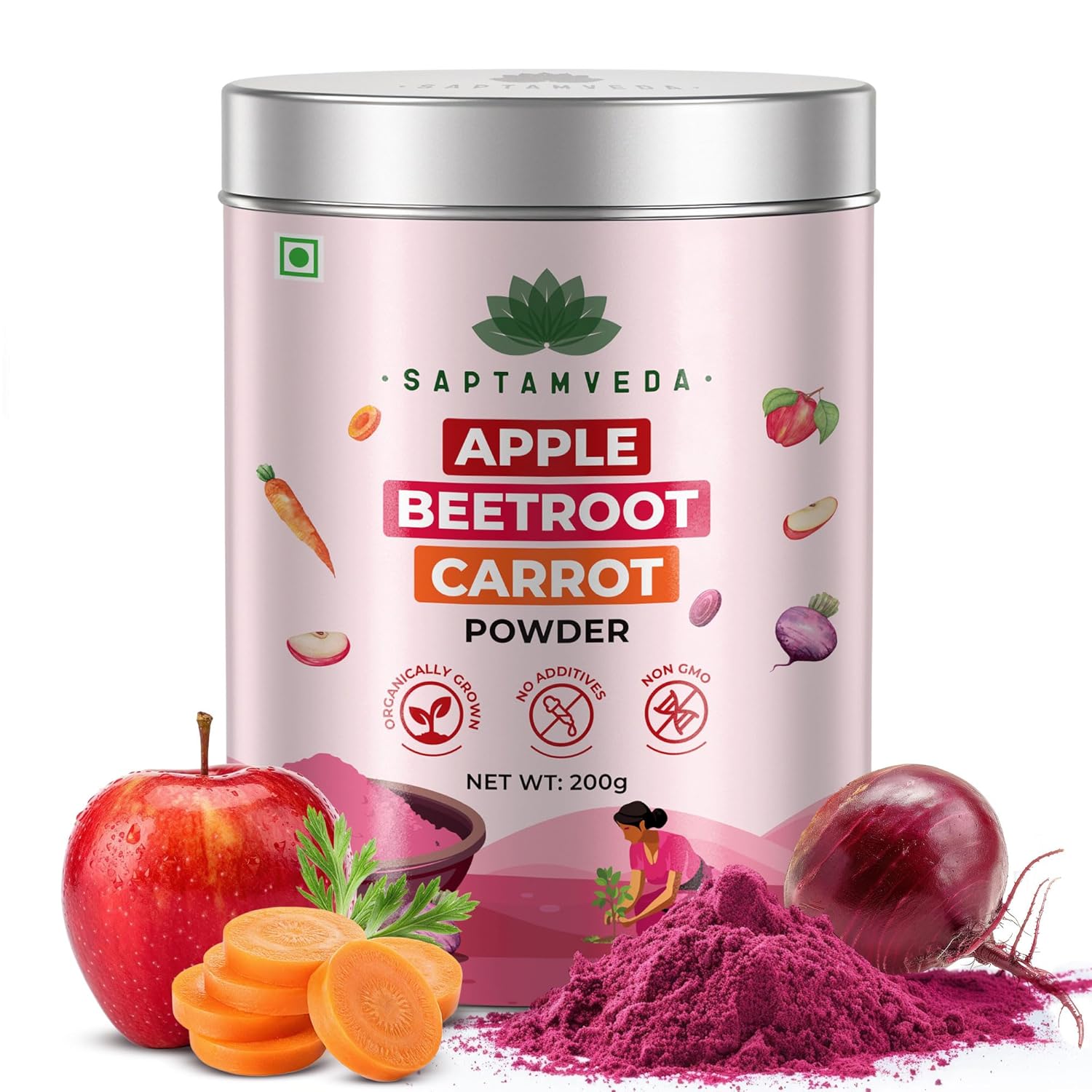 Saptamveda ABC Powder 200g – Apple Beetroot Carrot Superfood | Supports Immunity, Skin Glow, Energy & Heart Health | High in Antioxidants & Fiber | 100% Pure & Preservative-Free