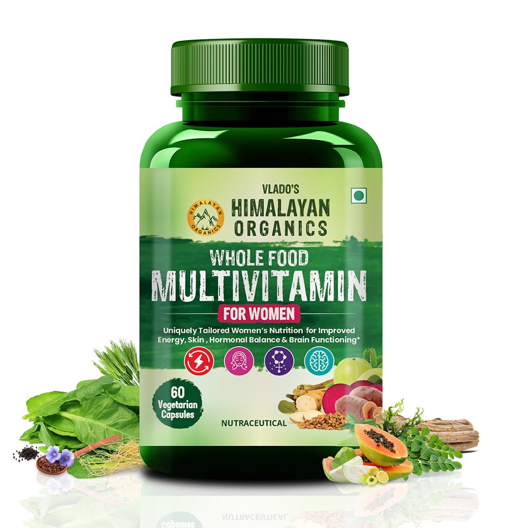 Vlado’s Himalayan Organics Whole Food Multivitamin For Women With Vitamin B1, B2, B3, B5, B6, B7, B9, B12, C, D, E, Calcium, Magnesium, Zinc | Smooth Digestion | Good For Brain & Bone Health | Boost Energy – 60 Veg Capsules