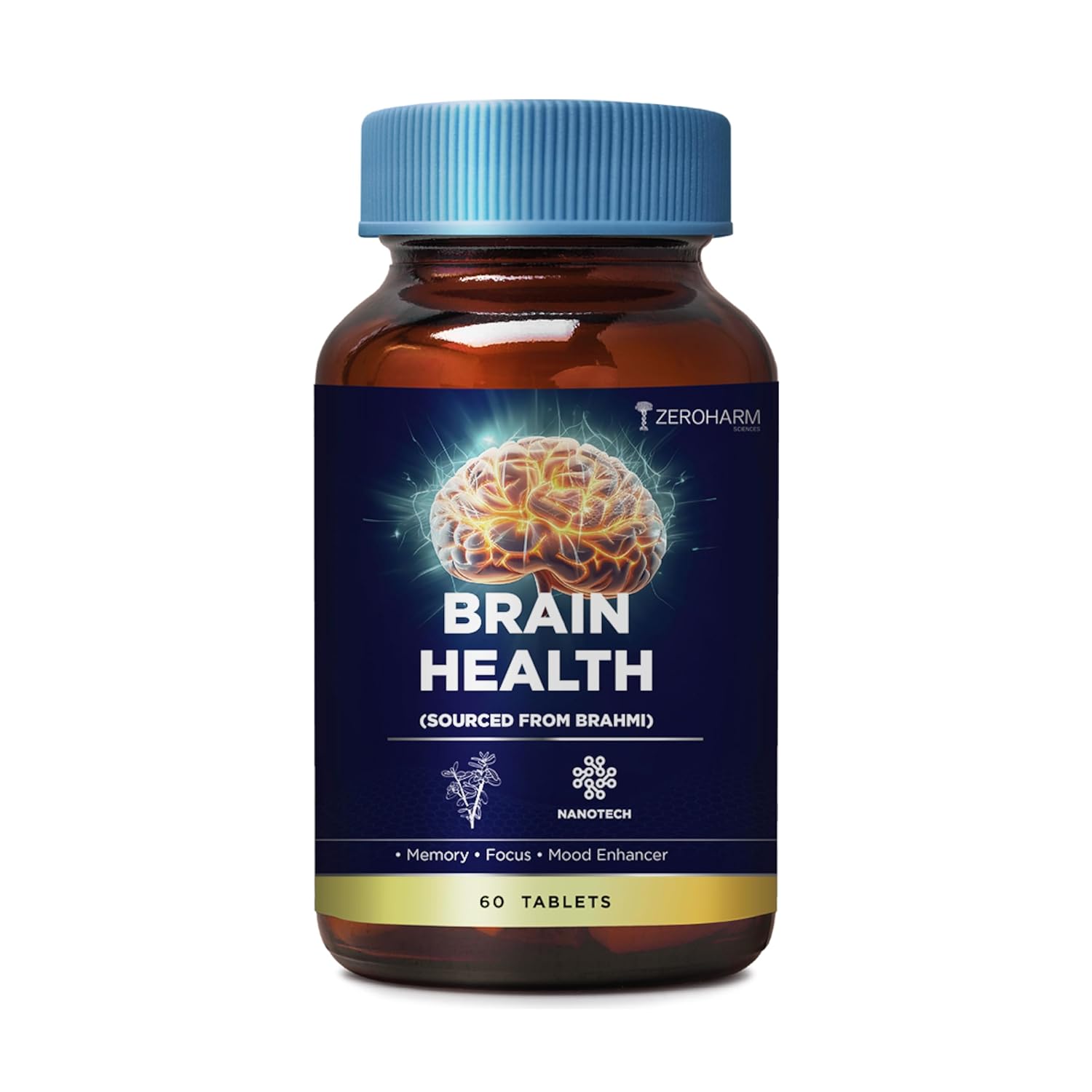 ZEROHARM Brain Health Tablets|Memory Supplement For Focus & Brain Wellness With Bacopa Monnieri|Shankhpushpi|Ginkgo Biloba|Gotu Kola