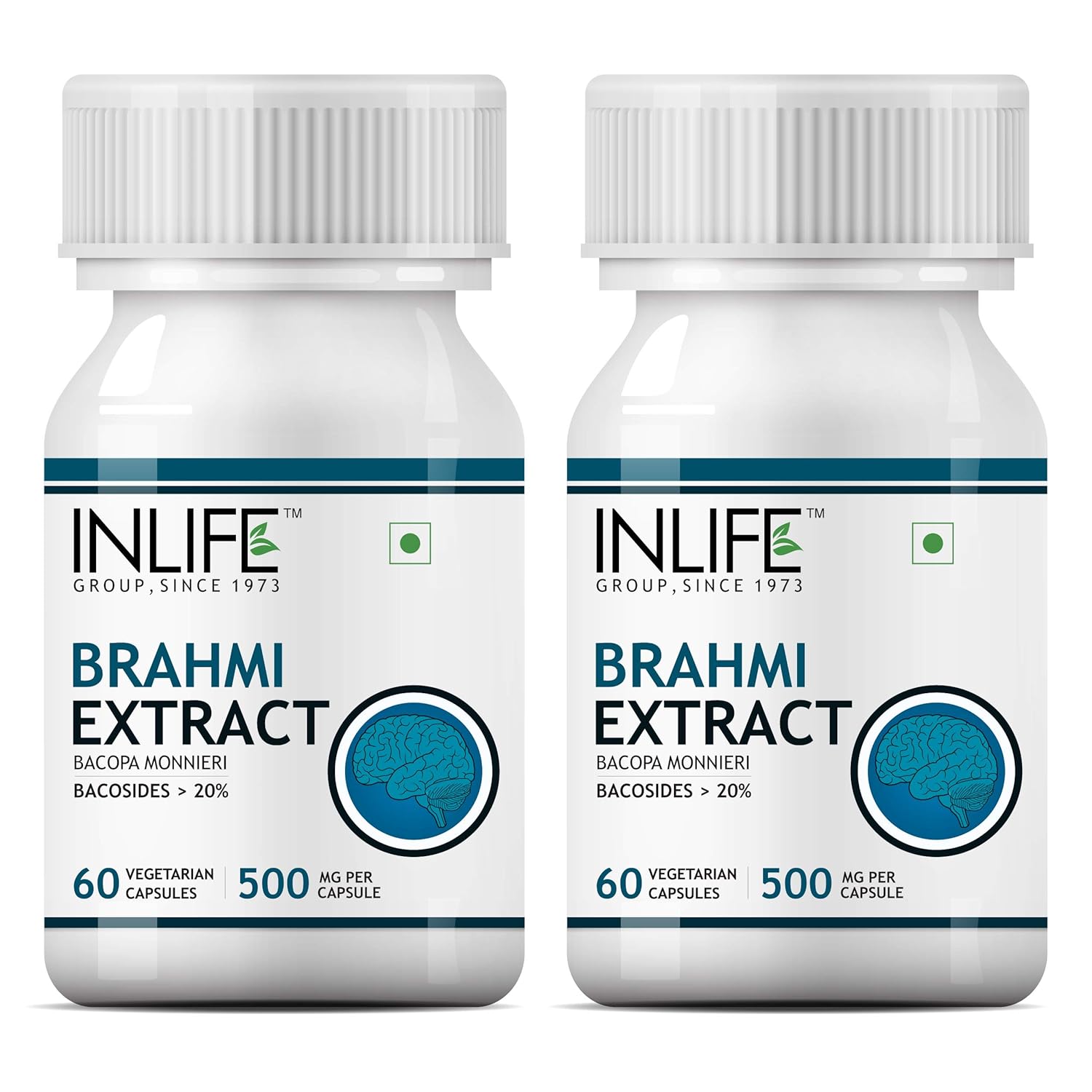 INLIFE Brahmi Capsules 500mg | Bacopa Monnieri Extract | Bacosides 25% I Ayurvedic Herbal Supplement – 60 Vegetarian Capsules (Pack of 2)