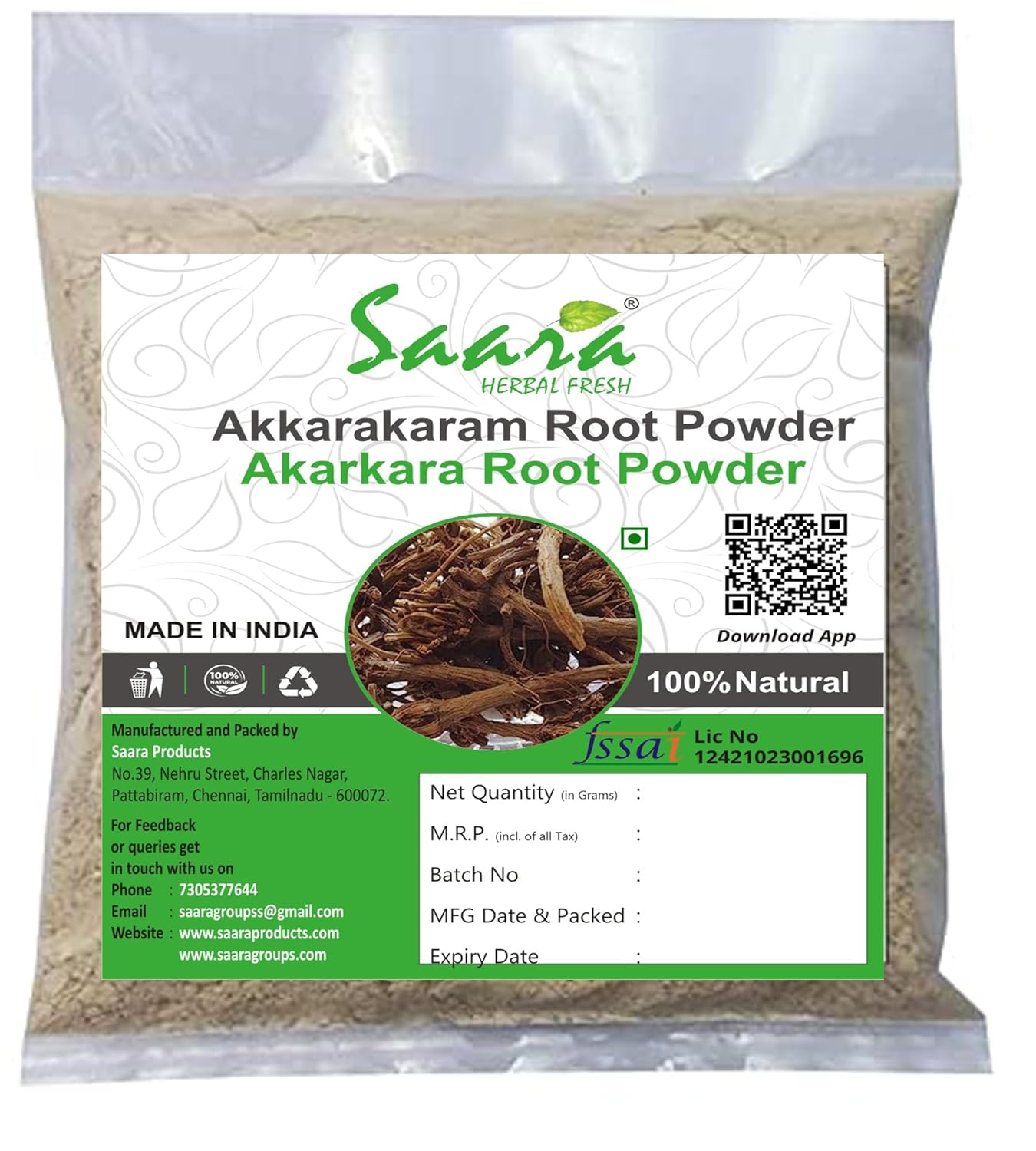 Saara HERBAL FRESH Akkarakaram Powder, 100g, Anacyclus Pyrethum Root Powder, Akarkara Root Powder, Pellitory Root Powder (pack of 2 x 50g)