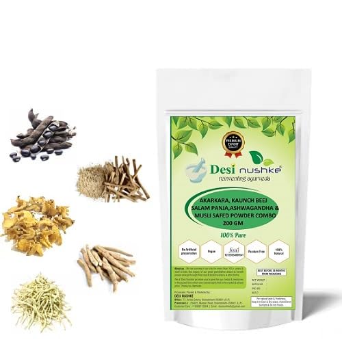Desi Nushke Akarkara Root, Kaunch Beej, Salam Panja, Ashwagandha & Musli Safed Powder Combo (200gm) | Energy,Power & Performance Booster for Men (One Month pack)