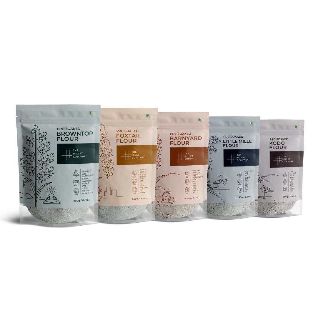 THE MILLET COMPANY Pre-Soaked Millet Flour Combo Pack Of 5, Browntop, Foxtail, Kodo, Barnyard, And Little Millet, Gluten Free, Unpolished, High Fibre Flour (250 Gm Each)