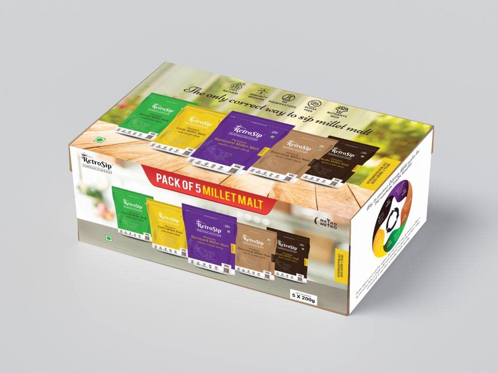 RetroSip® – Combo Pack of 5 Premium Single Millet Malts | 5×200 G = 1000 G | 100% Natural | Healthy Diet | Single Millet Malts