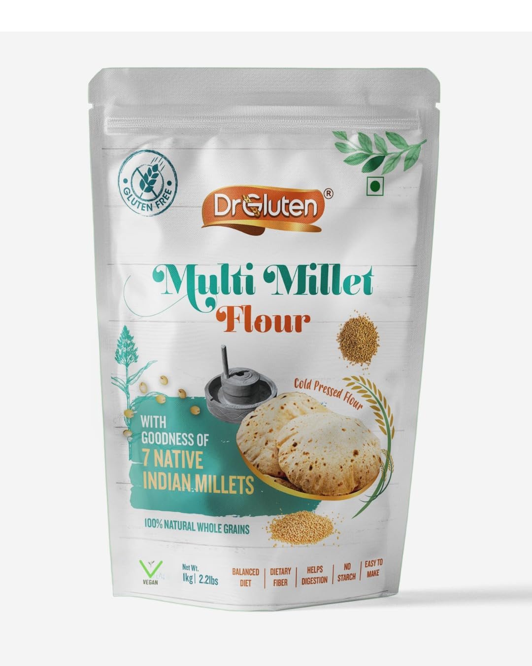 Dr. Gluten Multi Millet Flour 1kg | 7 Native Indian Millets | Gluten Free Atta | Cold Pressed Milling | Whole Grain | No Starch | Weight Management | High Dietary Fiber | 1kg