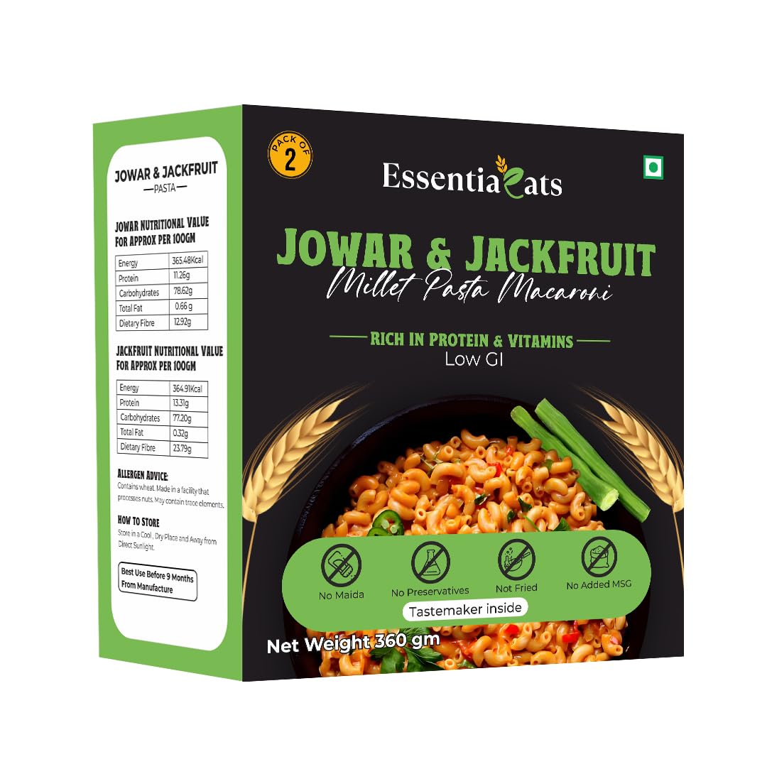 Essentiaeats High Protein Jowar and Jackfruit Millet Pasta Macaroni With Tastemaker- Contains 2 Packs, 360 gm | No Maida, Not Fried, Low GI, No Preservatives | Sun Dried | Rich in Vitamins & Fibre