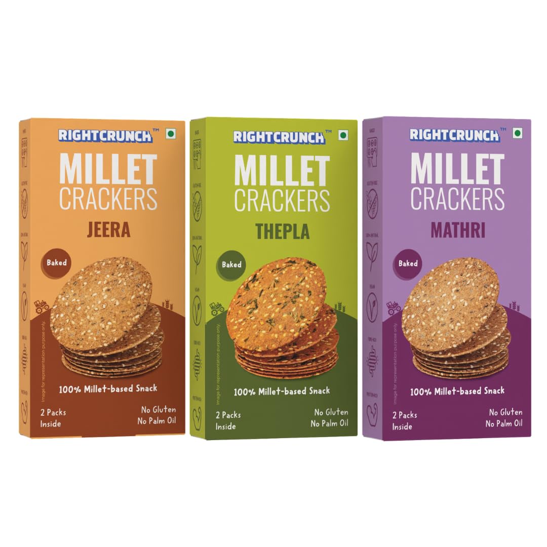 Rightcrunch Millet Crackers – Baked Snack, No Maida, No Palm Oil, Gluten-Free, No Artificial Flavours or Preservatives – Mathri, Thepla & Jeera – Pack of 3 – 300g