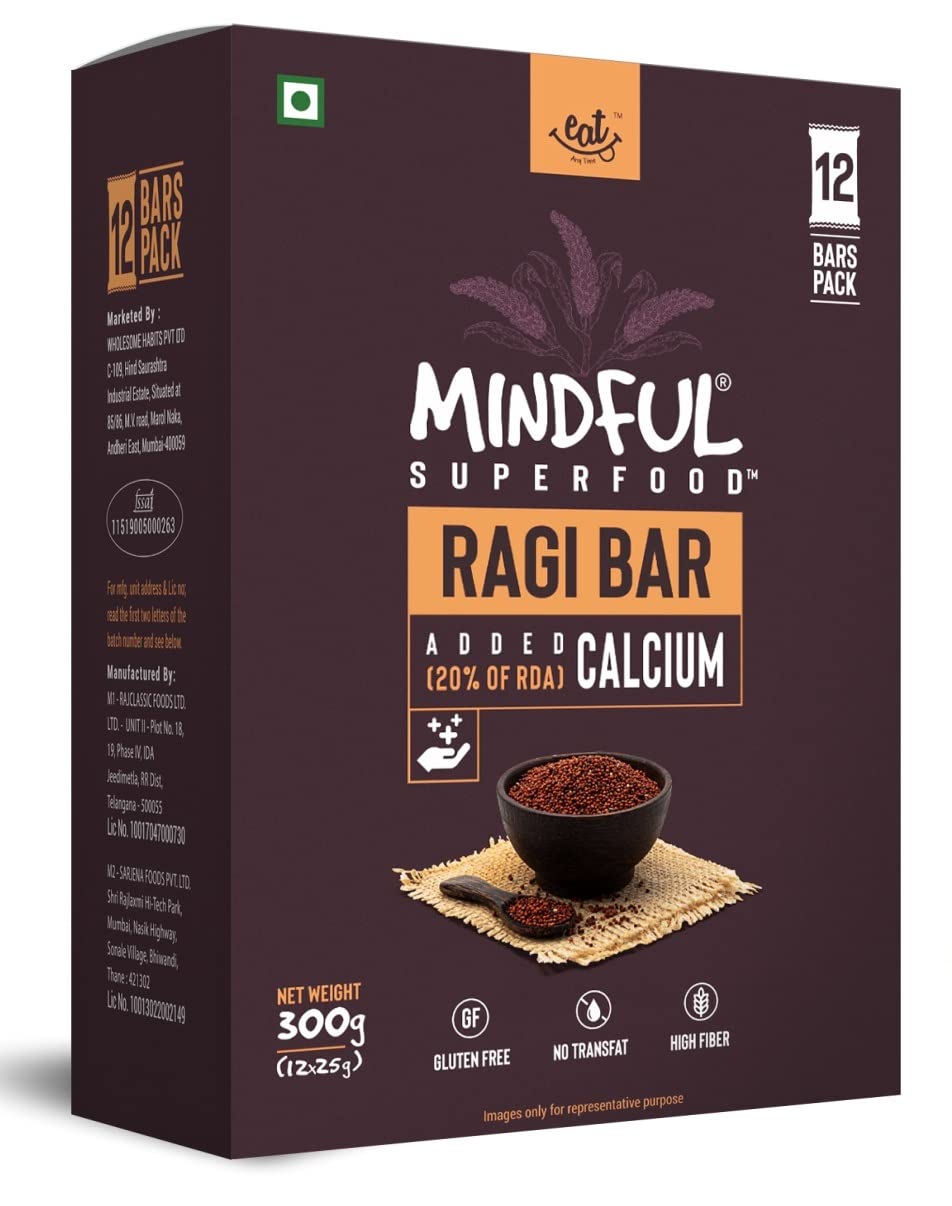 Eat Anytime Mindful Healthy Energy Ragi Bar | Gluten Free & High Fiber | Energy Bar Sugar Free | High Protein Bar | Healthy Bar & Breakfast Protein Bar | Ragi Bar/Energy Bar-300gm(12pcs of 25gm)