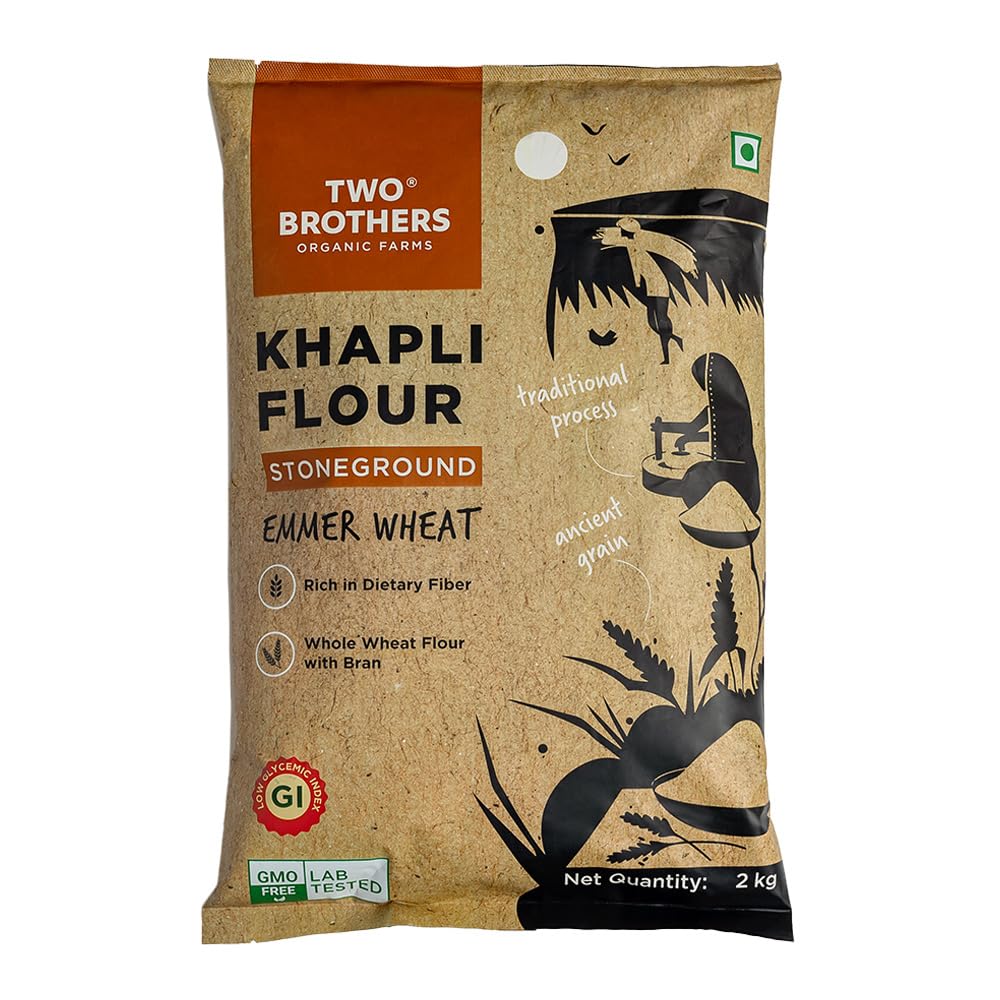 Two Brothers Organic Farms – Khapli Wheat Flour (2 kg) | High Dietary Fiber for Easy Digestion | Stoneground Emmer Wheat Flour | Khapli Atta