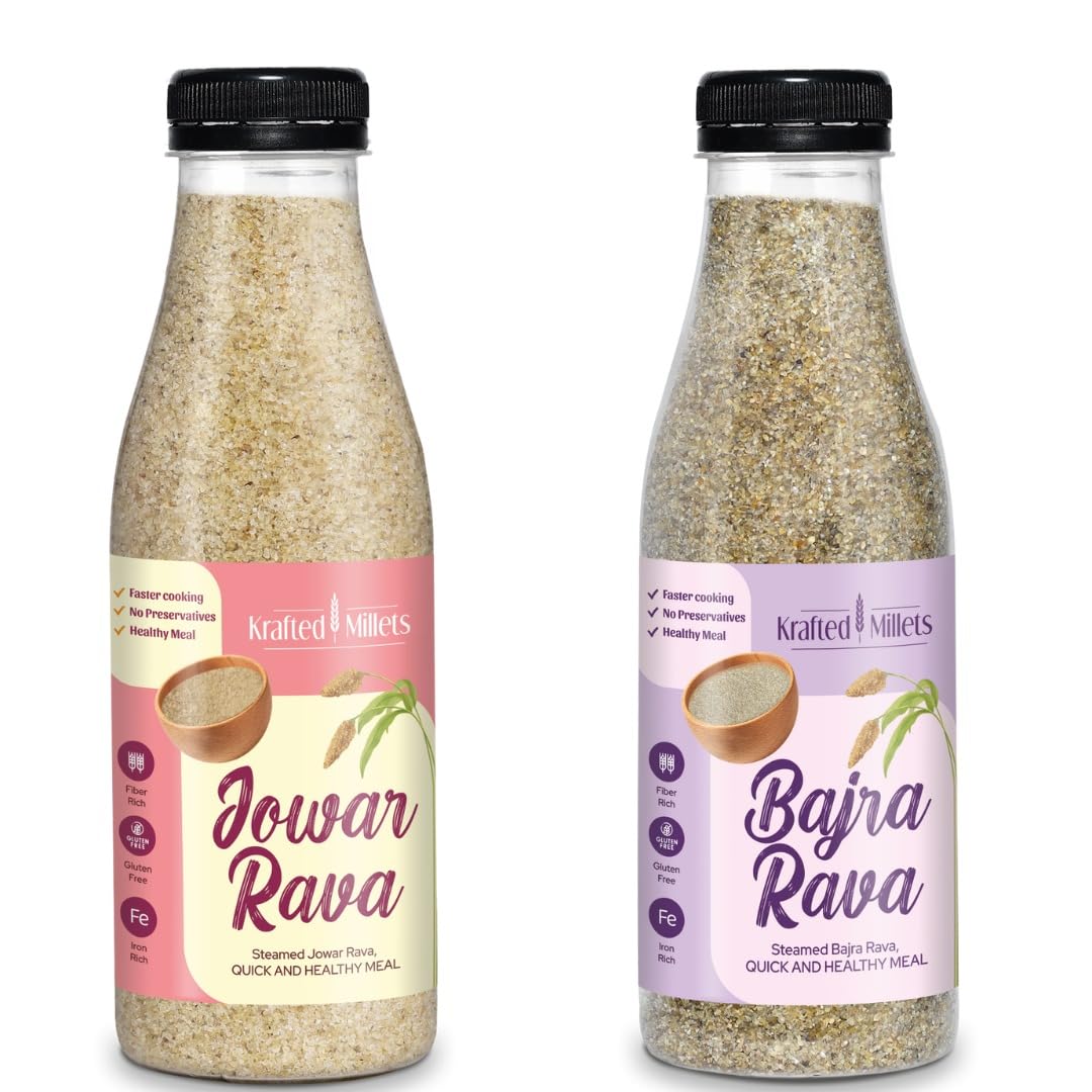 Krafted Millets Steamed Jowar Rava & Bajra Rava (Pack of 2) – High Fiber Gluten-Free Millet Rava for Upma & Dalia, Protein-Rich, Healthy Breakfast Option