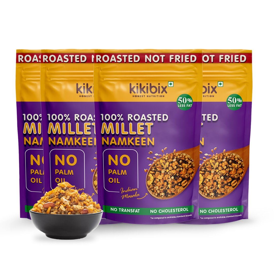 Kikibix Healthy Roasted Millet Namkeen, Non Fried Snacks for Weight Loss, Low Fat, No Cholesterol, Chatpata Snacks for Diabetics made with Millets, Oats, Flax Seeds, Chana, Moong, Pack of 4