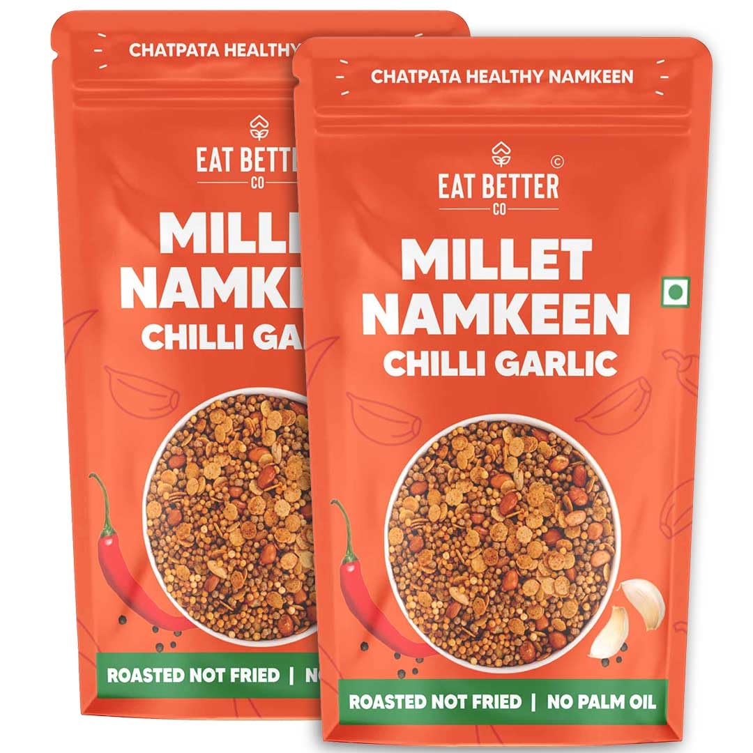 Eat Better Co – Millet Namkeen – Chilli Garlic – Chatpata, Healthy Namkeen Snacks – Roasted, Not Fried | No Palm Oil | Healthy Replacement of Chips & Bhujia – Pack of Two – 200 grams
