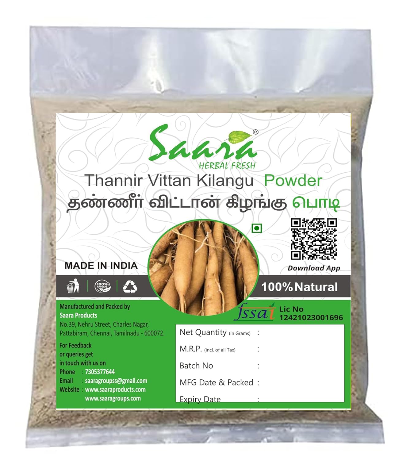 Saara HERBAL FRESH Shatavari Powder, 101g, Thaneervittan Kilangu Powder, Asparagus Racemosus Powder,Herbal Supplement, 101g