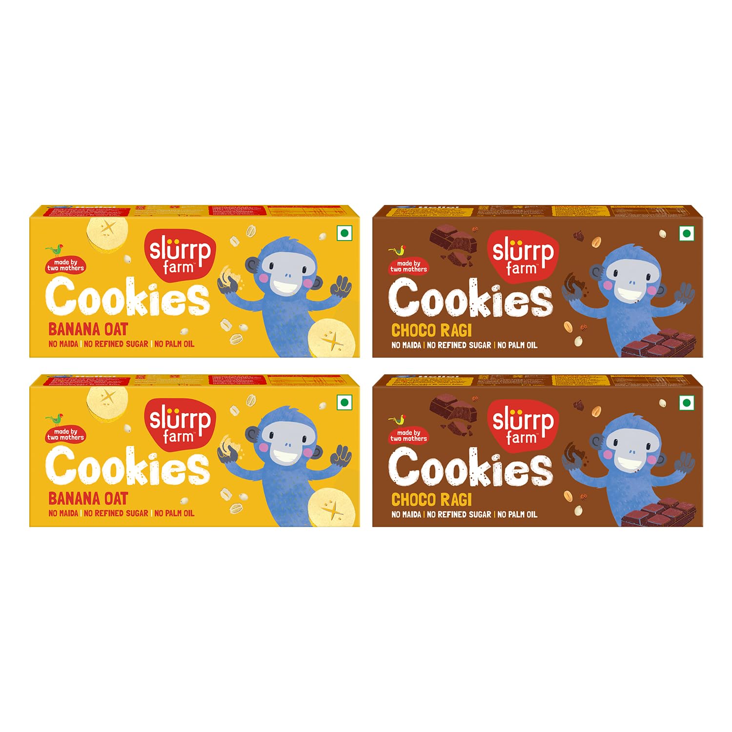 Slurrp Farm No Maida No Refined Sugar Banana Oat and Choco Ragi Cookies | Healthy Cookies Made With Multigrains | Perfect for tiffins, travel or snack time | Pack of 4 x 88g