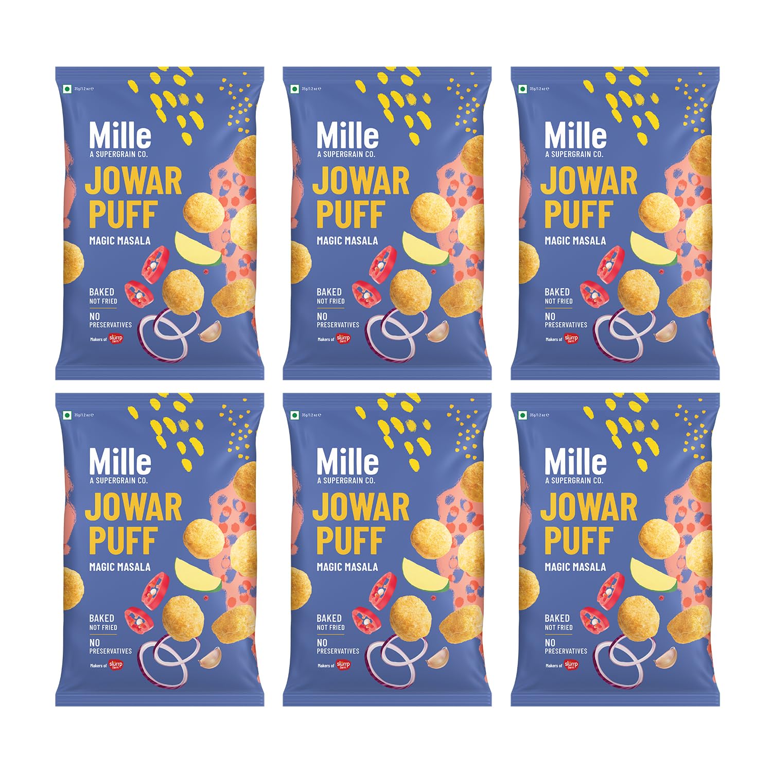 Mille Jowar Puffs Magic Masala | 37% Millets | Baked | No Palm Oil | No Preservatives | Healthy Snacks | Naturally Gluten Free | 35g x 6