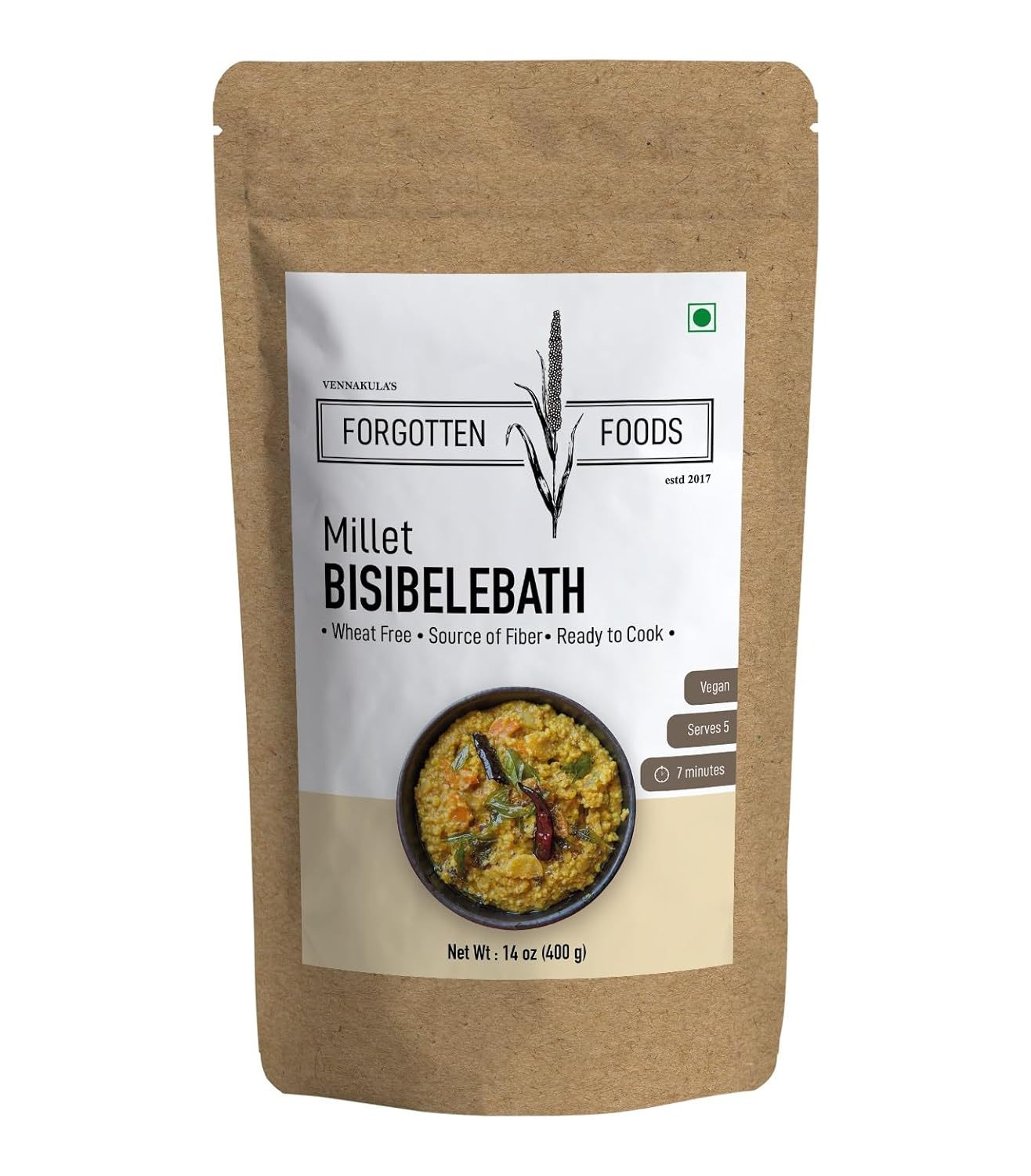 FORGOTTEN FOODS “Millet Bisibelebath” 400G Serves 5 – Instant Ready to Cook Breakfast Premix from Kodo Millets, No Rice, No Wheat – Gluten Free, Diabetic Friendly