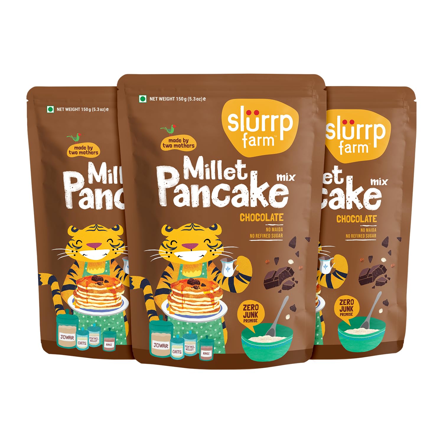 Slurrp Farm No Maida Pancake Mix | Instant Breakfast Mix Made with Oats and Jowar | 100% Vegetarian Eggless Healthy Breakfast for Kids & Adults | Chocolate- Pack of 3 X 150g