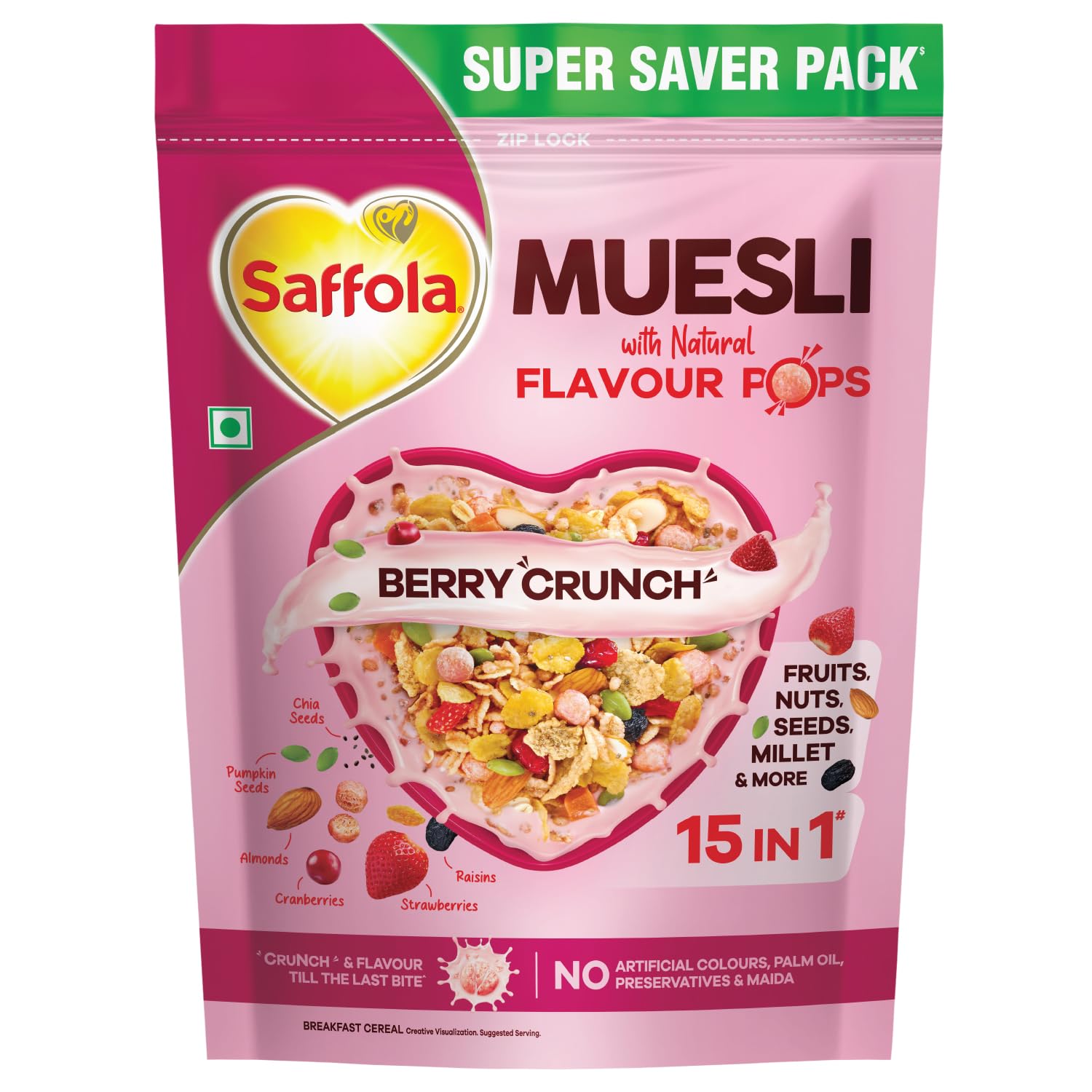 Saffola Muesli Berry Crunch with Flavour Pops, 700 gm | 15 in 1 Fruit and Nuts, Seeds, Millet & more | Cereals for breakfast rich in wholegrain, protein, fibre