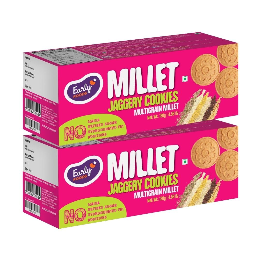 Early Foods Multi-Grain Millet Jaggery Multigrain Cookies 130 gms – Pack Of 2 | Millet Cookies| Sugar Free Biscuits, 260 gram