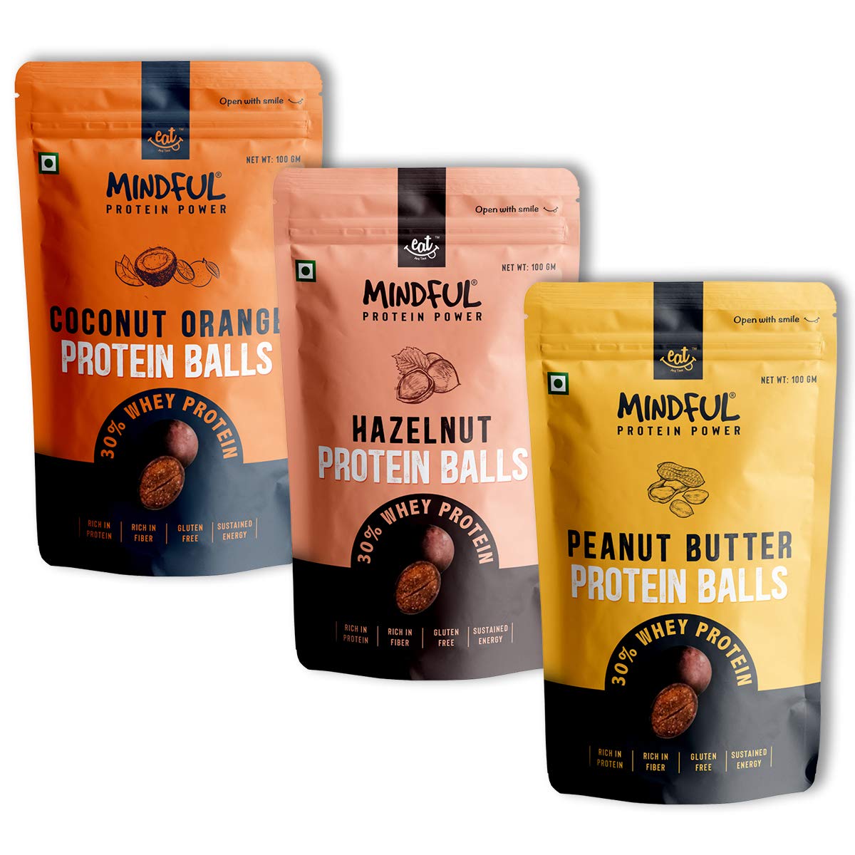 Eat Anytime Mindful Healthy Hazelnut, Peanut Butter & Coconut Orange Protein Balls | Dark Chocolate | Healthy Chocolate Balls | Gluten Free, No Added Sugar | Healthy Protein Balls – 100gm(Combo of 3)