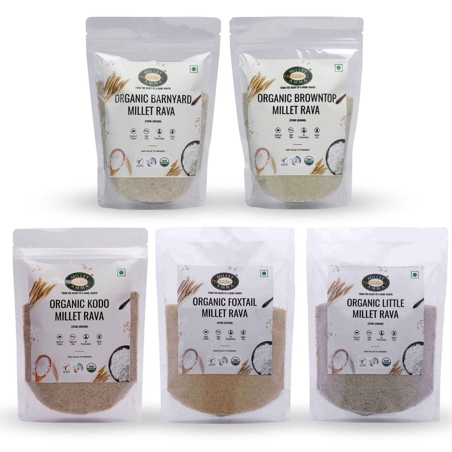 MILLET AMMA Millet Grain Rava Combo, CERTIFIED ORGANIC Millet Pack of 5-2.5Kg, Positive Millets Due to its Balanced Nutritional Profile – Kodo, Foxtail, Browntop, Little, Barnyard