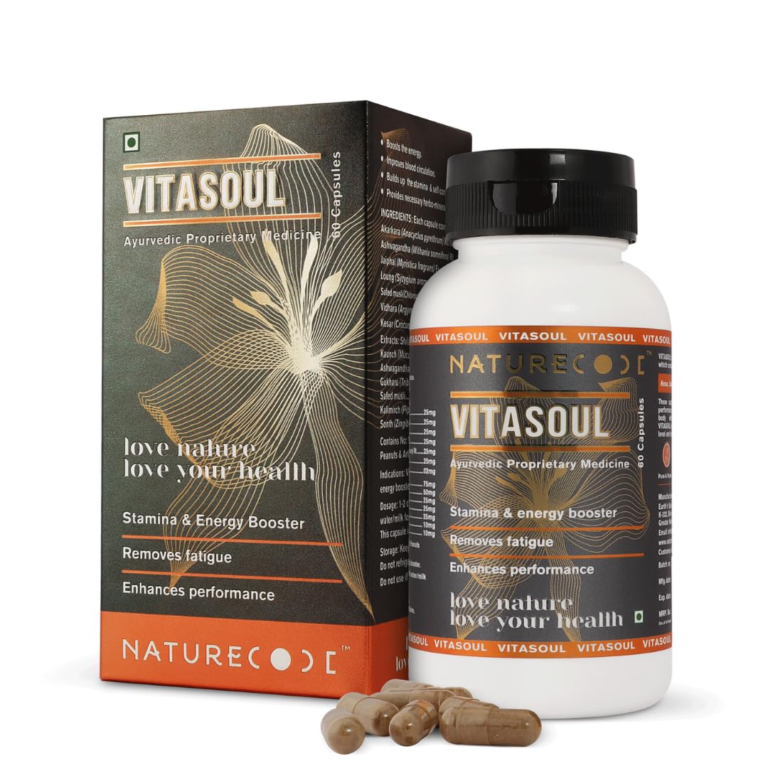 Nature Code Vitasoul Ayurvedic Stamina & Energy Booster Capsules for Men & Women, With Shilajit, Ashwagandha, Safed Musli, Gokhru & Kesar, 60 Veg Capsules, Herbal Supplement for Strength & Vitality
