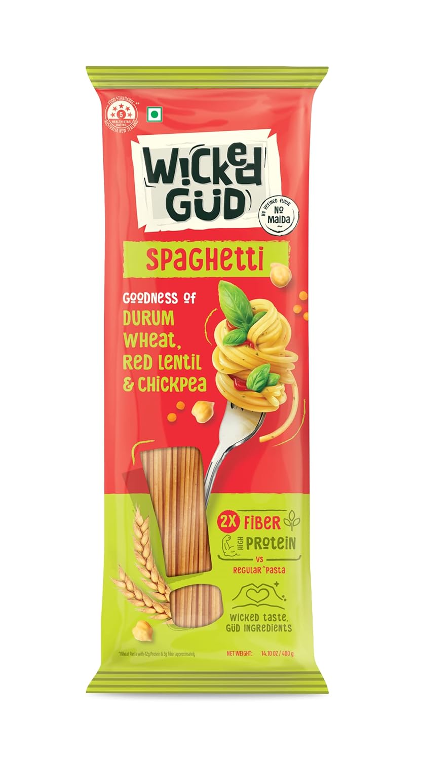 WickedGud 2X Fiber Spaghetti Pasta | No Maida | Durum Wheat Semolina | Brown Rice | Red Lentils | Healthy Diet Pasta – 400gm