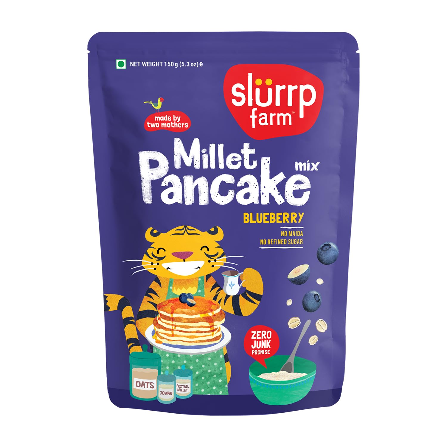 Slurrp Farm No Maida Pancake Mix | Instant Breakfast Mix made with Oats and Jowar | 100% Vegetarian Eggless Healthy Breakfast for Kids & Adults | With Real Blueberries- 150g