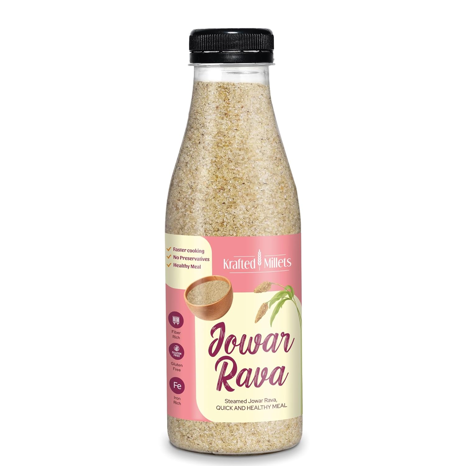 Krafted Millets Steamed Jowar Rava (380g, Pack of 1) – High Fiber, Gluten-Free, Protein Rich Millet Rava for Upma & Dalia – Quick & Easy Breakfast Option