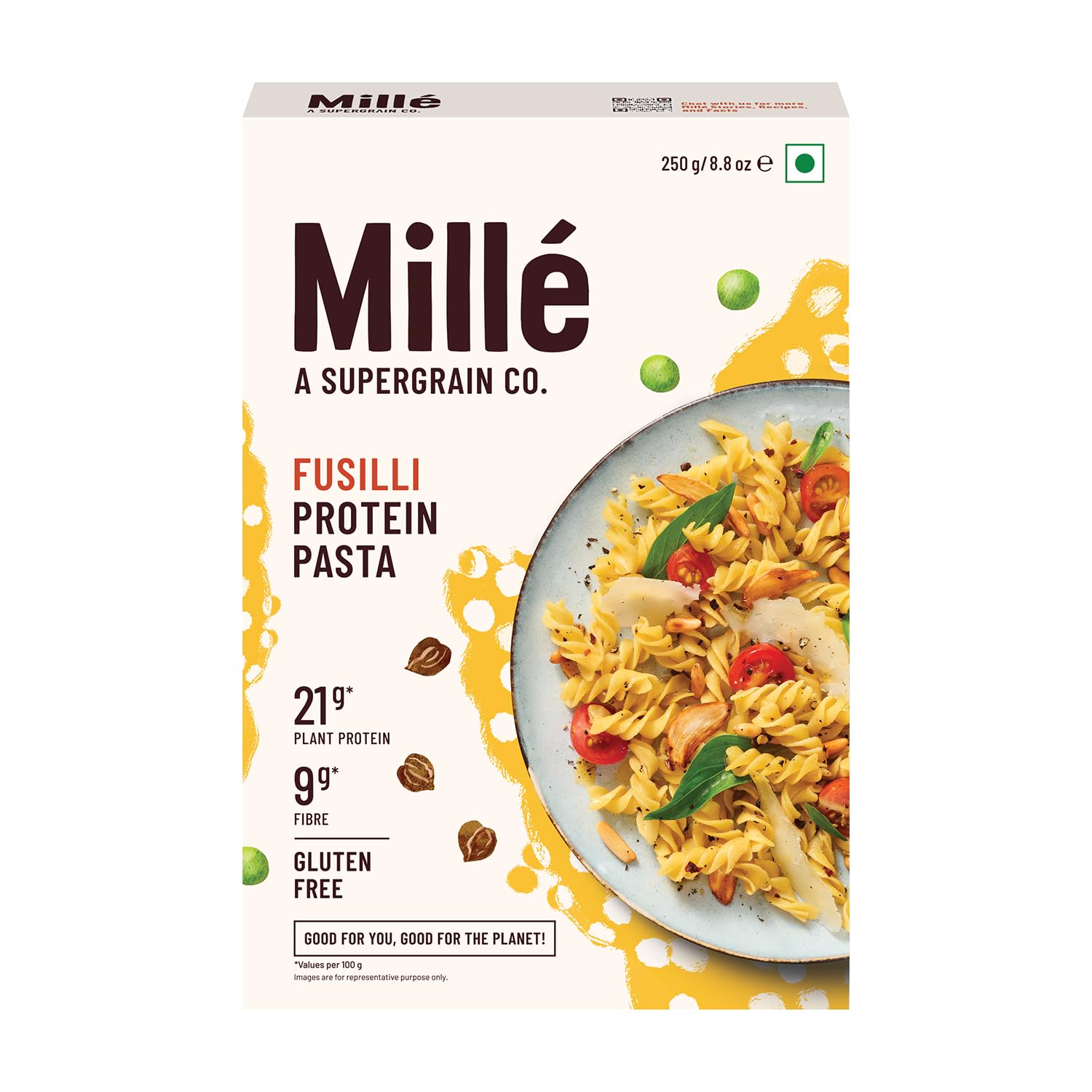 Mille High Protein Fusilli Pasta | Gluten Free| 1.8X Plant Protein | No Maida | 250Gms
